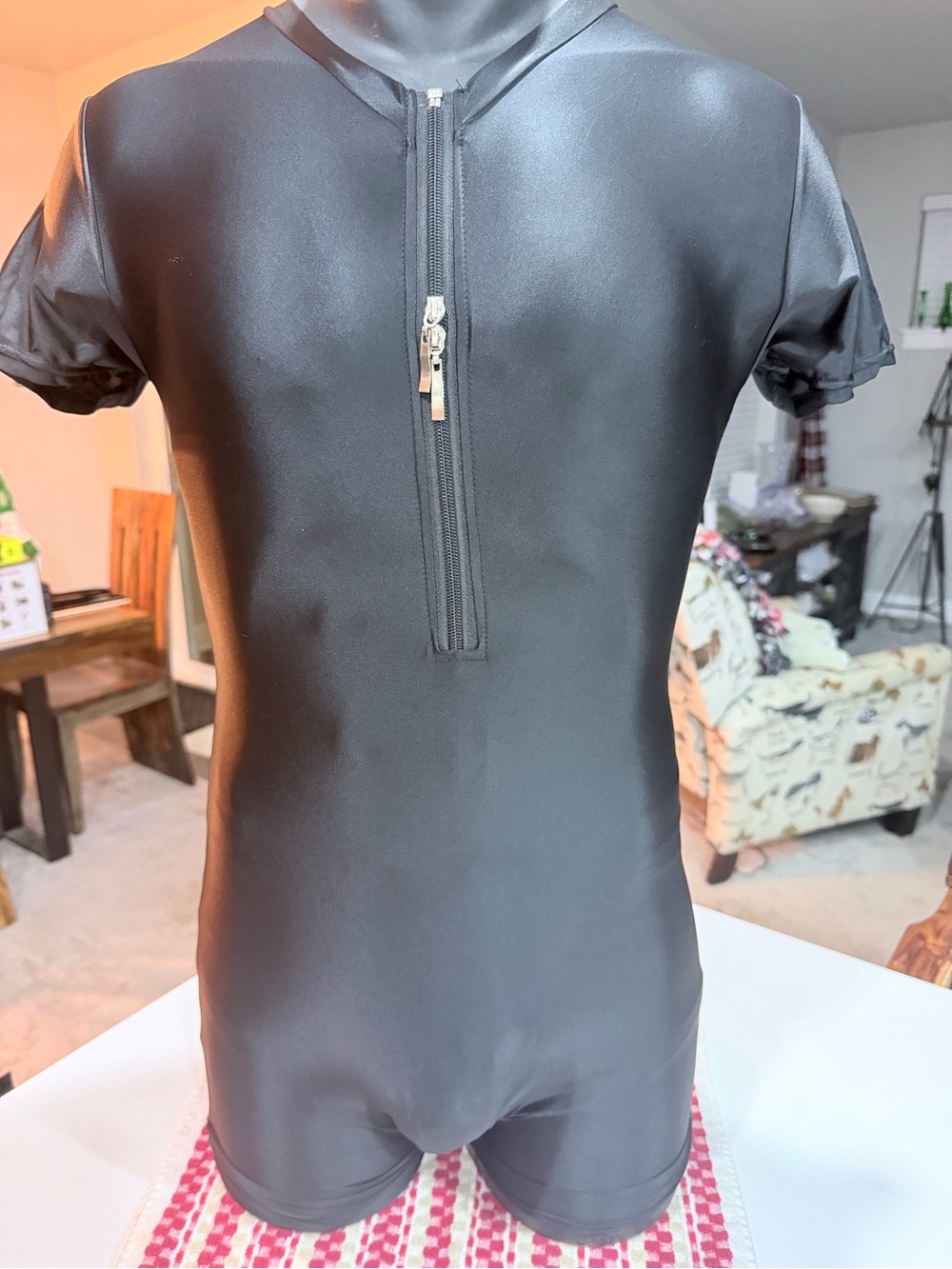 Men’s Short Sleeve Black Swim Romper with Front Zip